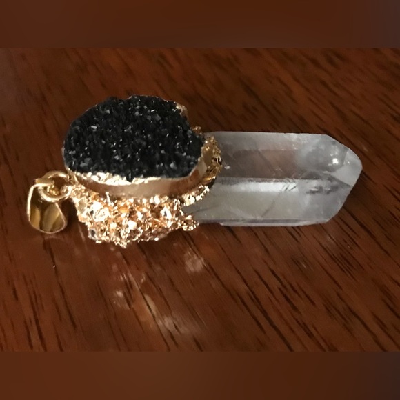 “Black Druzy & Clear Quartz” Crystal Pyramid Terminated Point Wand Gold Necklace - Picture 15 of 16